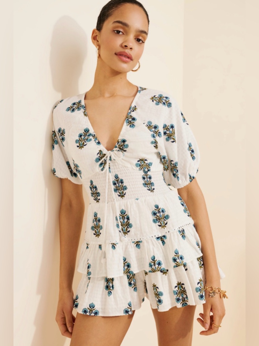 Anthropologie Saylor White Floral Tiered Desert Shannan Romper Size M